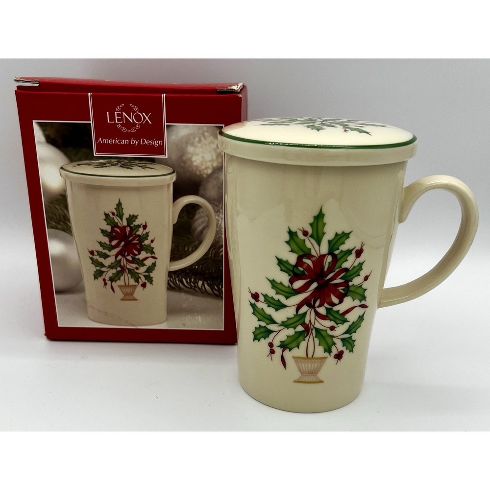 Lenox Warmest Wishes Tall Tree Mug Cup w/ Lid 5.5" New Boxed Christmas 852893